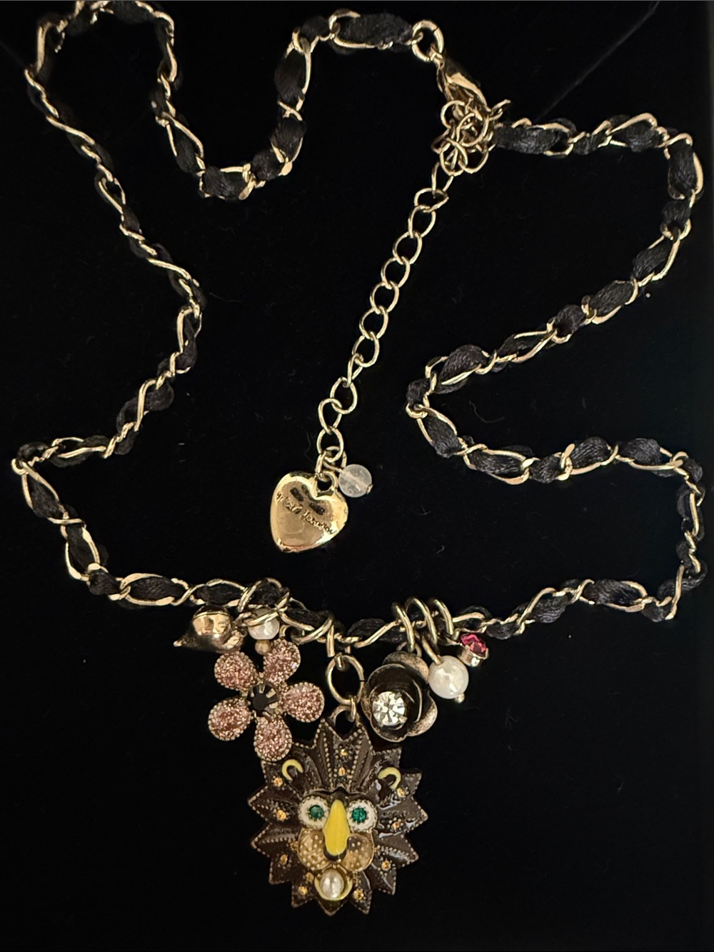 Betsey Johnson Vintage Lion Necklace with Rhinestones Ribbon & puffy hearts 16”+